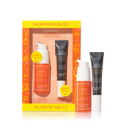 Morning Buzz kit pack shot with C.E.O. Serum and Auto Correct bottles