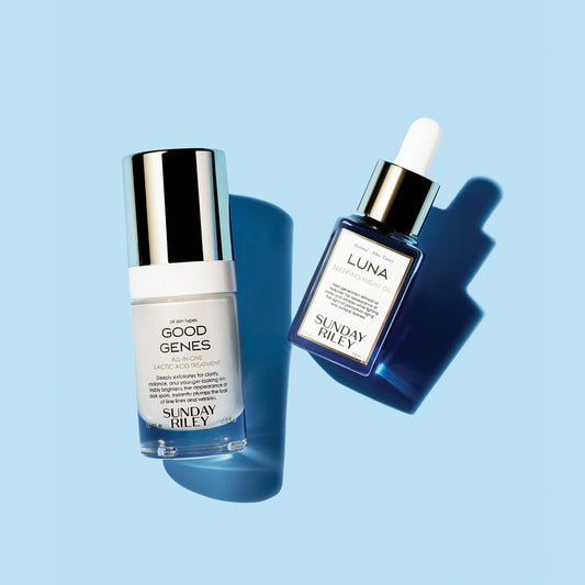 Pale blue background, Good Genes and Luna Night oil