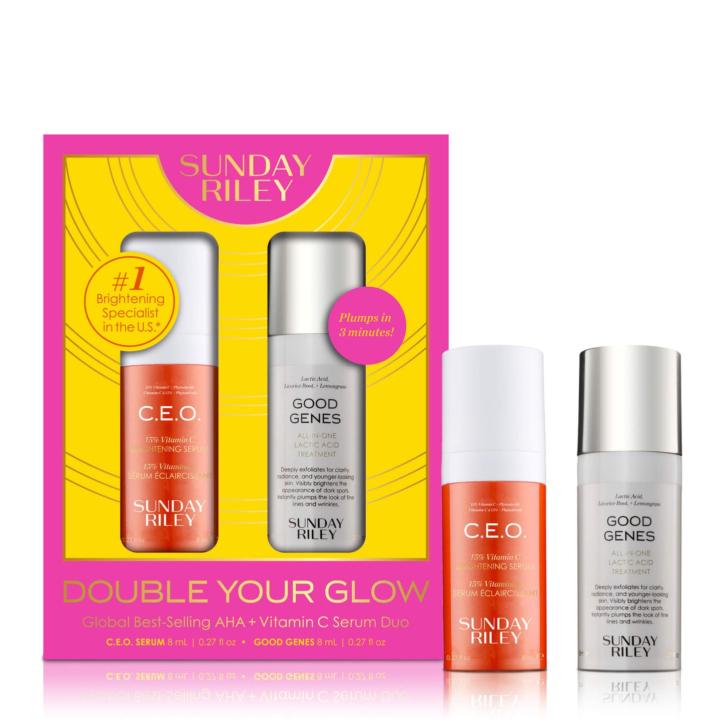 Double Your Glow - Global Best Selling AHA + Vitamin C Serum Duo pack shot with the product bottles in front of pack shot