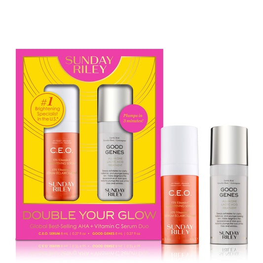Double Your Glow - Global Best Selling AHA + Vitamin C Serum Duo pack shot with the product bottles in front of pack shot